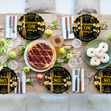 EVYIENEN 96Pcs 80th Birthday Party Tableware Set,Back in 1965 Birthday Party Decorations Supplies, Disposable Black and Gold 80th Birthdays Paper Plates Napkins Forks Favors for Men Women, Serve 24