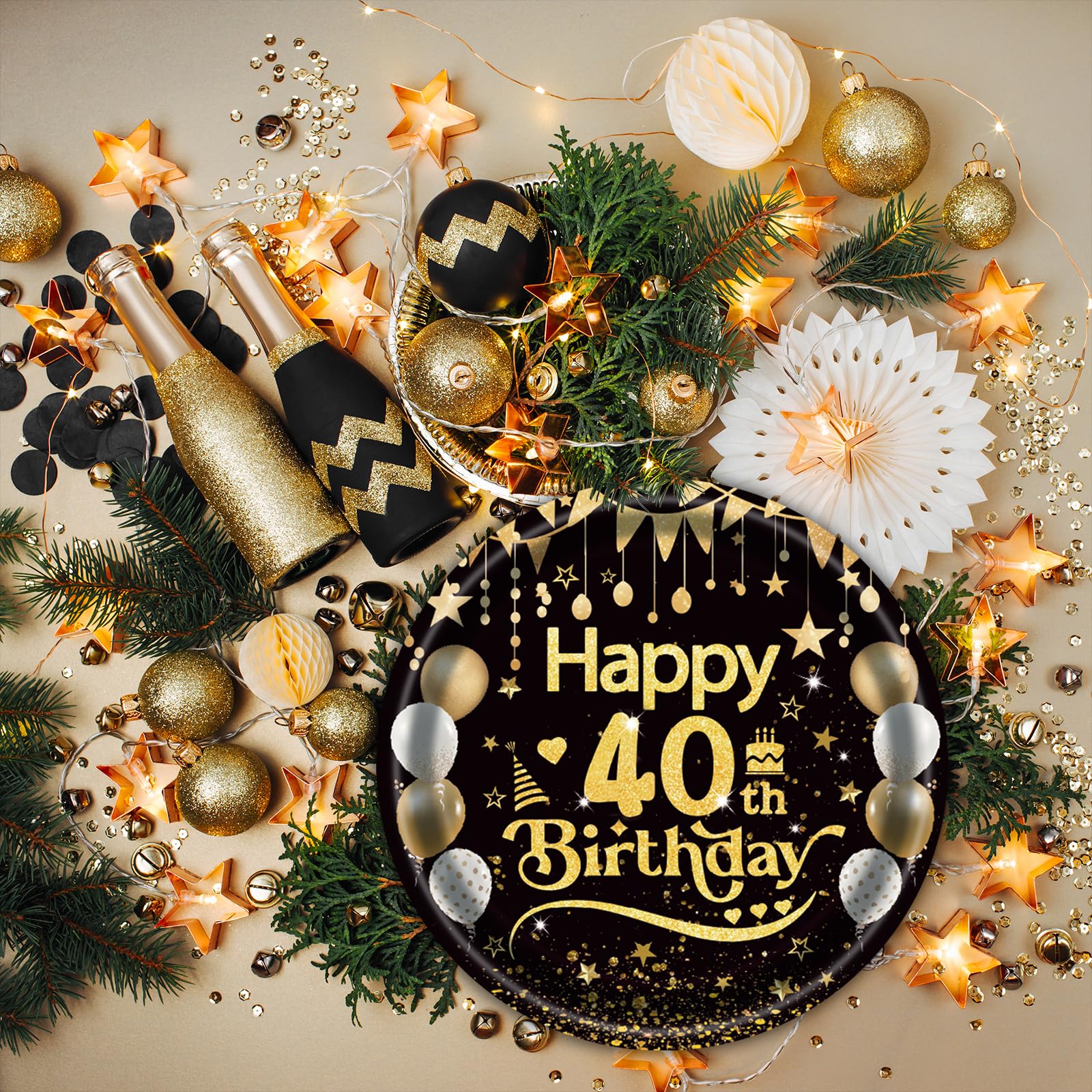 50Pcs 40th Birthday Paper Plates, 9 Inch Black and Gold Disposable Dessert Plates for Men and Women, 40th Birthday and Wedding Party