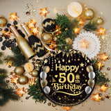 50Pcs 50th Birthday Paper Plates, 9 Inch Black and Gold Disposable Dessert Plates for Men and Women, 50th Birthday and Wedding Party