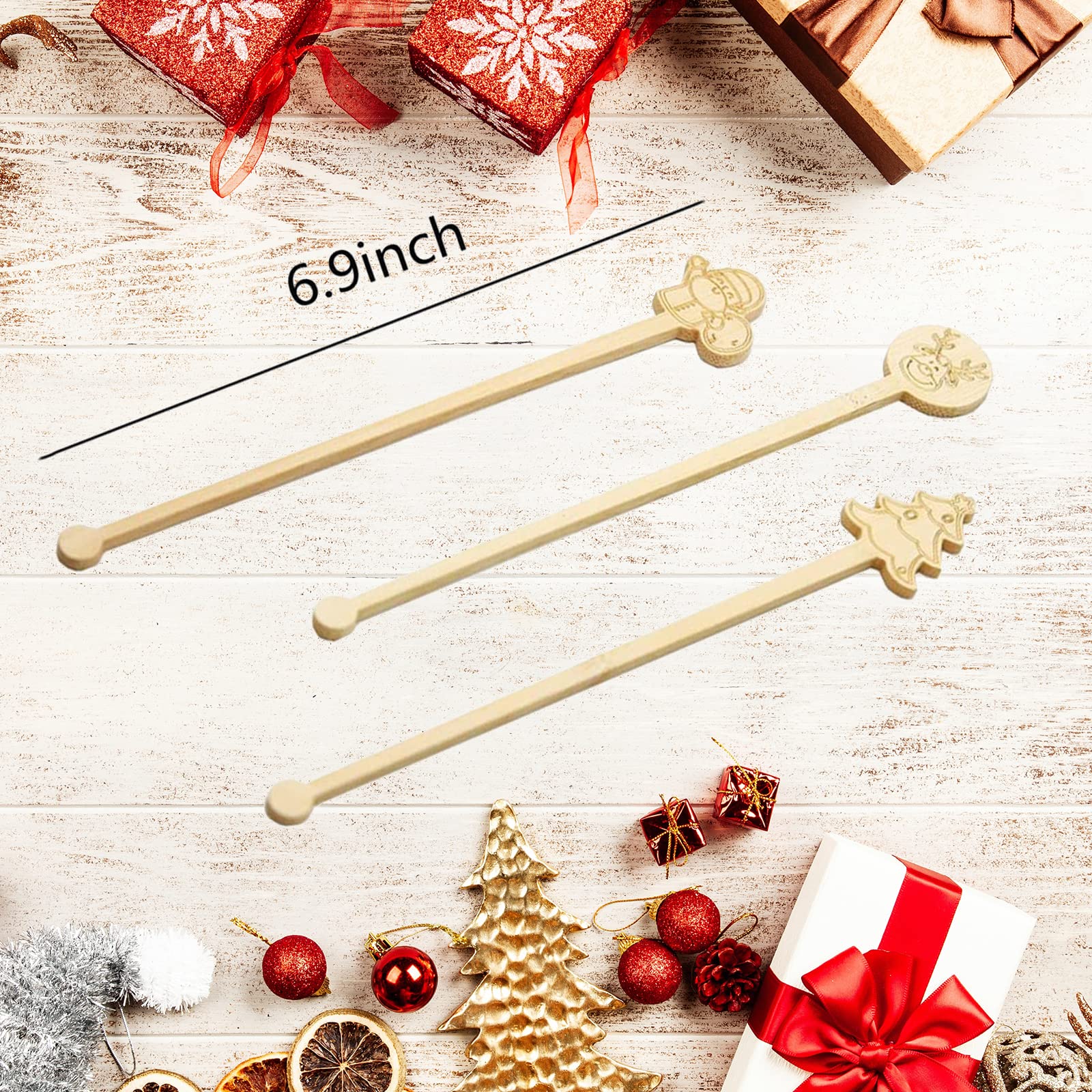 60Pcs Bamboo Coffee Stirrers, 6.9 Inch Biodegradable Christmas Drink Stirrers for Office, Lounge and Holiday Beverages