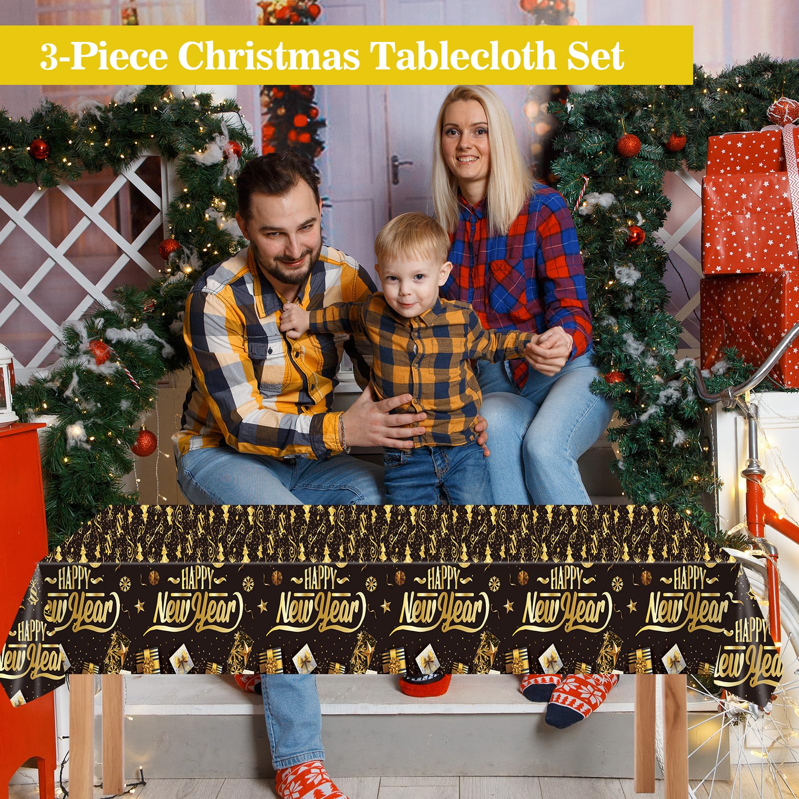 EVYIENEN 3Pcs Happy New Year Tablecloths,Black and Gold Table Covers Disposable Plastic Waterproof Tables Cover for 2026 New Year Table Supplies