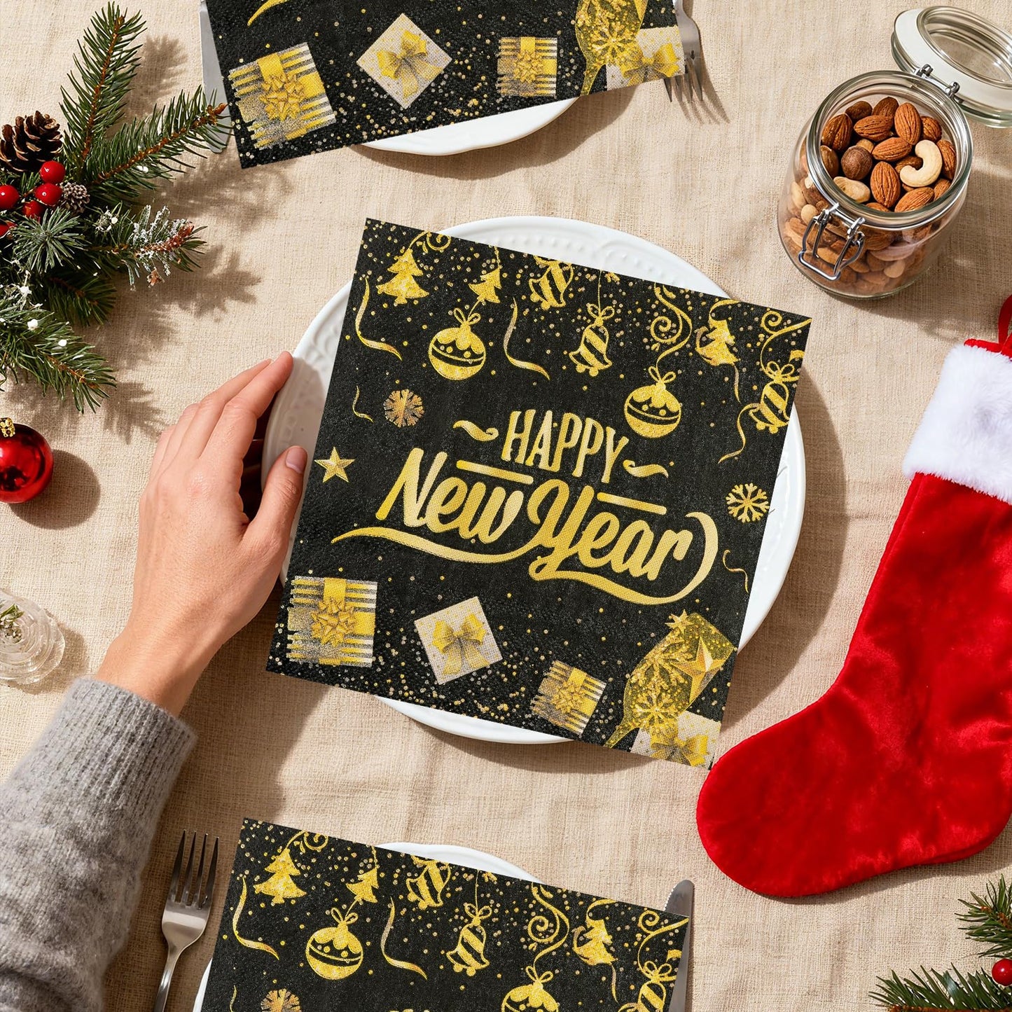 50Pcs New Year Napkins,Happy New Black Gold Foil Firework Disposable Guest Hand Towel Year Napkins Eve Party Supplies for 2026 Party Decorations