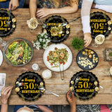 EVYIENEN 50Pcs 50th Birthday Party Paper Plates,7inch Disposable Black and Gold Scalloped Dessert Party Plates for Birthday Wedding Anniversary Reception Event Decorations