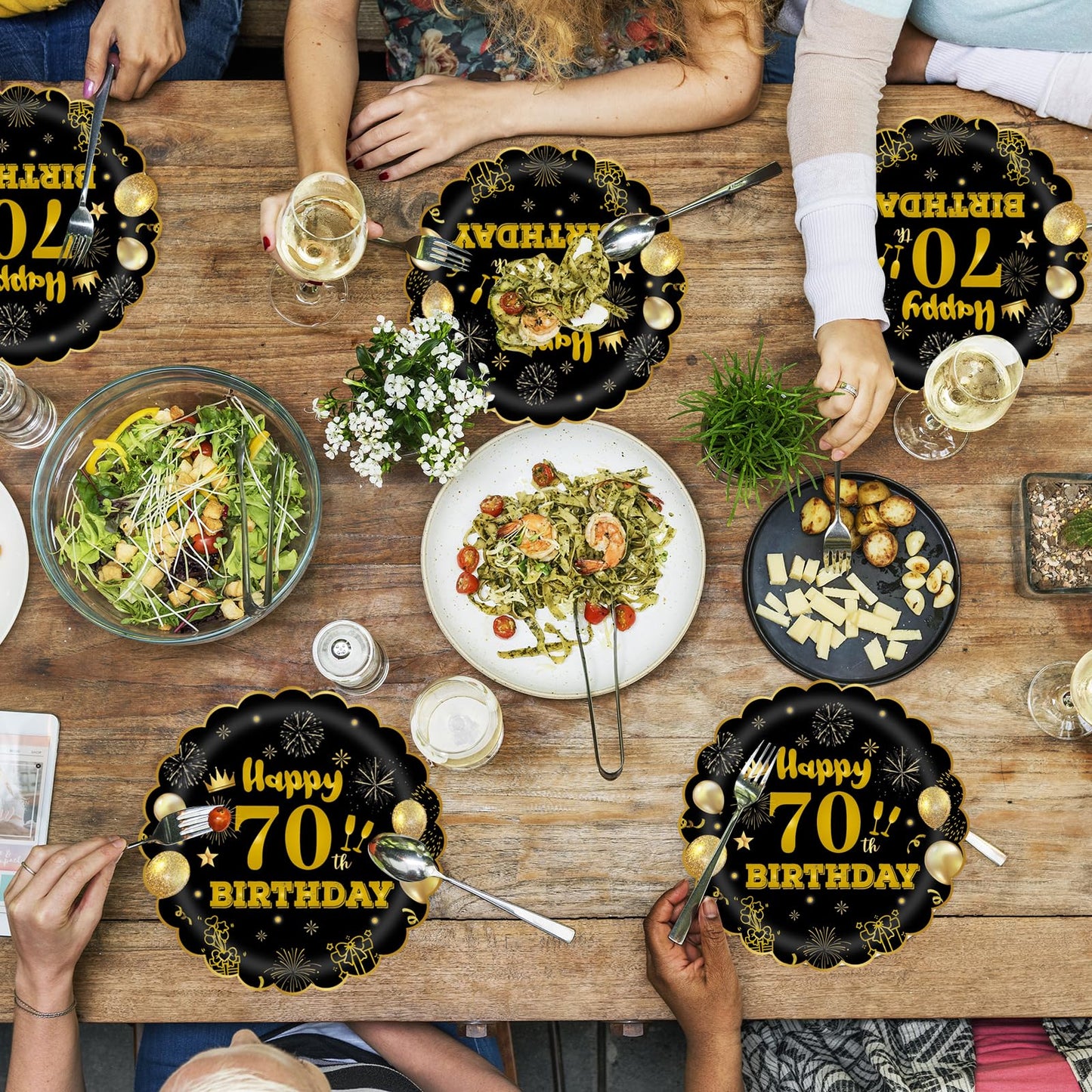 EVYIENEN 50Pcs 70th Birthday Party Paper Plates,7inch Disposable Black and Gold Scalloped Dessert Party Plates for Birthday Wedding Anniversary Reception Event Decorations