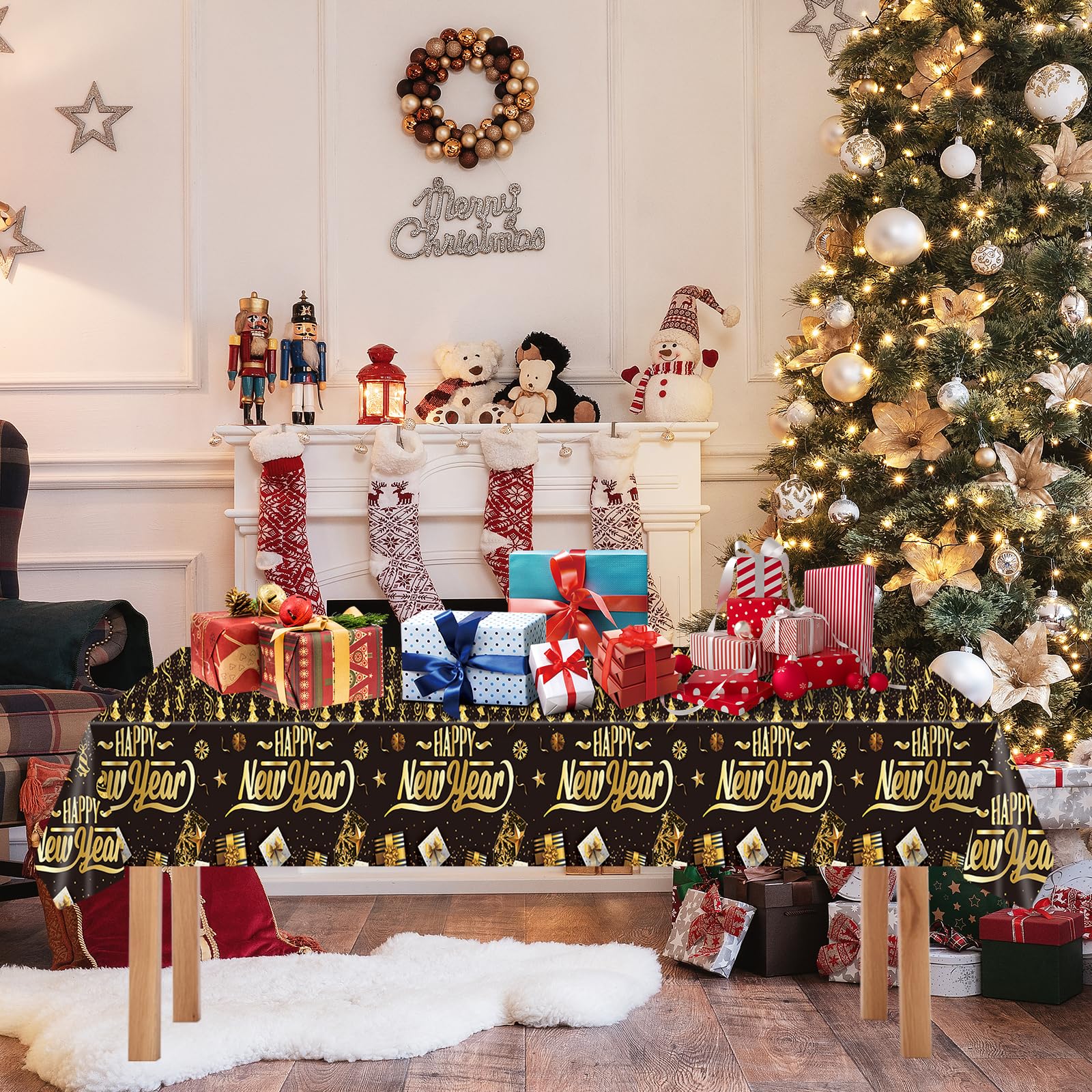 EVYIENEN 3Pcs Happy New Year Tablecloths,Black and Gold Table Covers Disposable Plastic Waterproof Tables Cover for 2026 New Year Table Supplies
