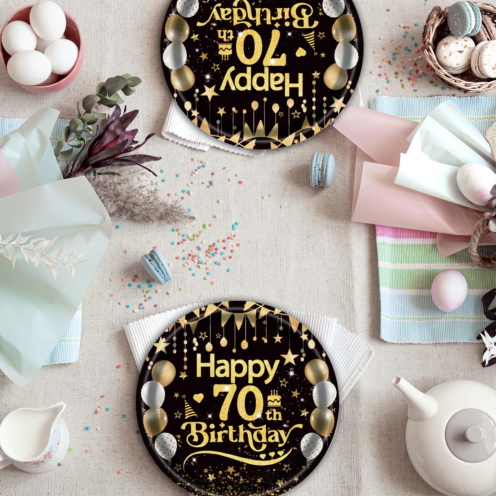 50Pcs 70th Birthday Paper Plates, 9 Inch Black and Gold Disposable Dessert Plates for Men and Women, 70th Birthday and Wedding Party