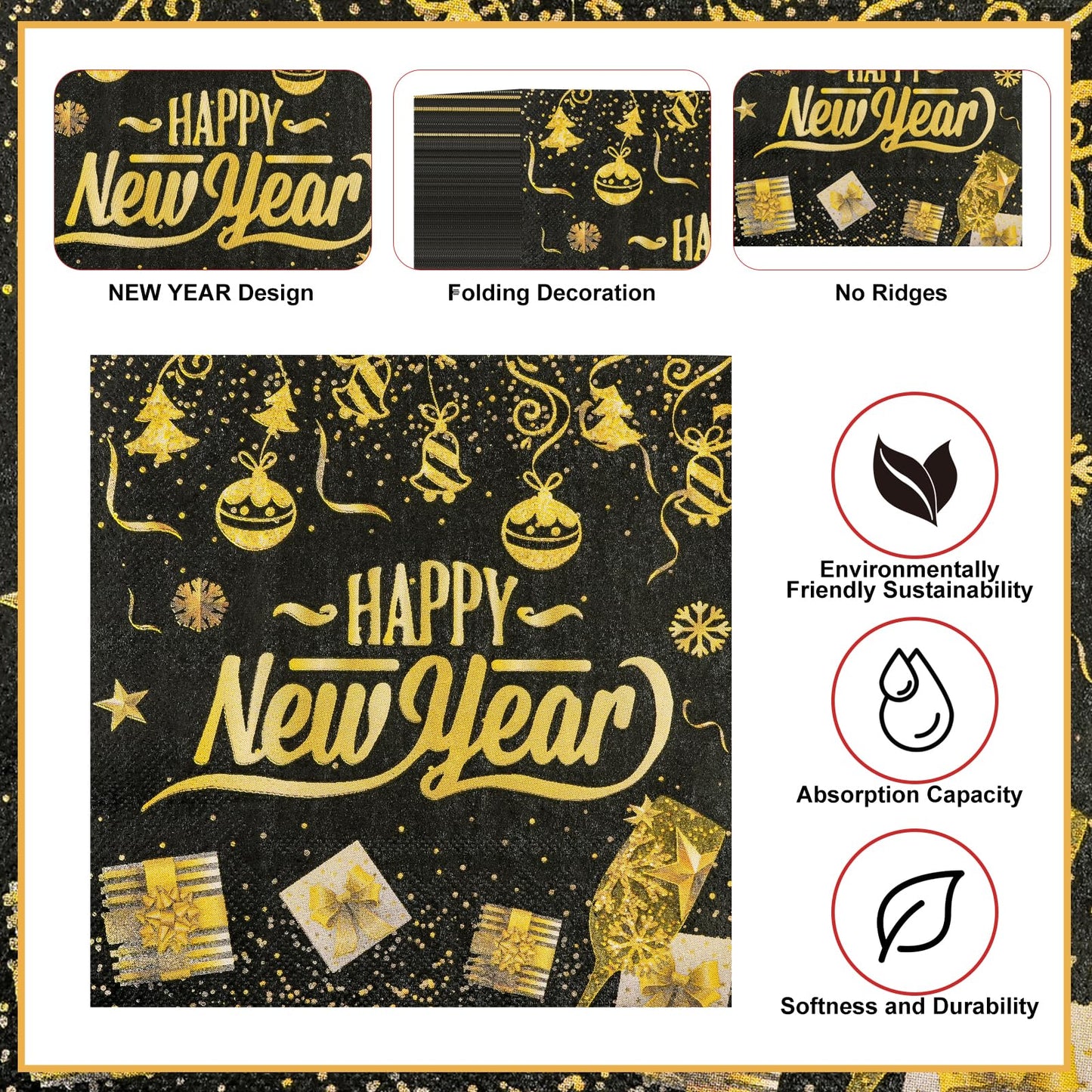 50Pcs New Year Napkins,Happy New Black Gold Foil Firework Disposable Guest Hand Towel Year Napkins Eve Party Supplies for 2026 Party Decorations