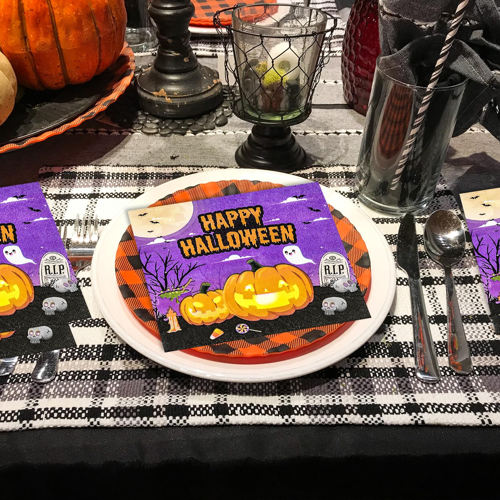 50 Pcs Halloween Napkins,13 x 13 Inch Pumpkin Ghosts Skeletons Disposable Luncheon Cocktail Napkins Party Supplies for Halloween Gifts Dinner Party Decoration