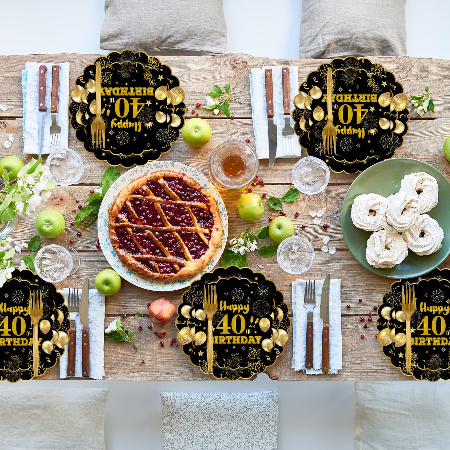EVYIENEN 96Pcs 40th Birthday Party Tableware Set,Back in 1965 Birthday Party Decorations Supplies, Disposable Black and Gold 40th Birthdays Paper Plates Napkins Forks Favors for Men Women, Serve 24